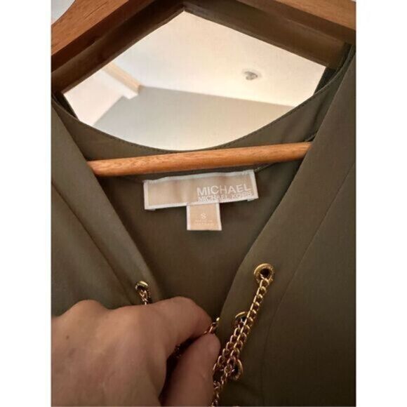 Michael Michael Kors Olive Green Shift Dress Lace Up V-Neck Bell Sleeve Size S - Picture 4 of 6